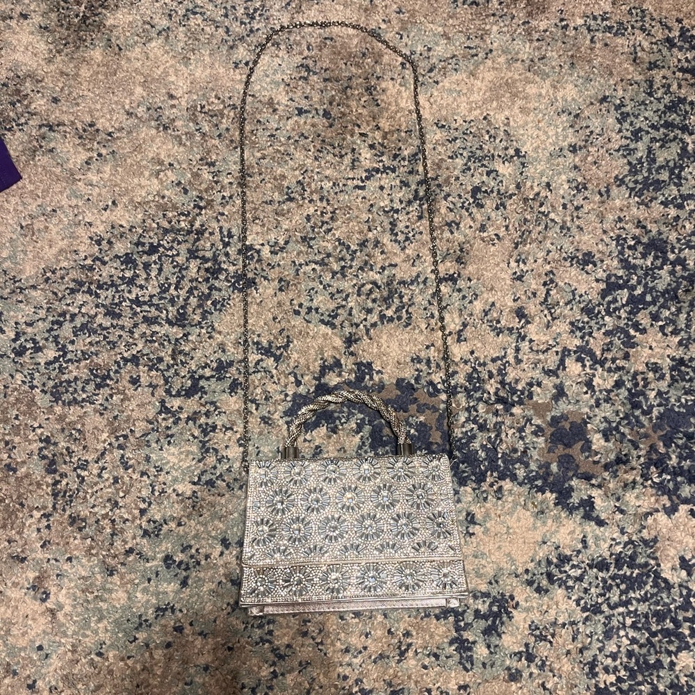 Sparkly Rhinestone Floral Mini Bag – Silver Crossbody or Top Handle